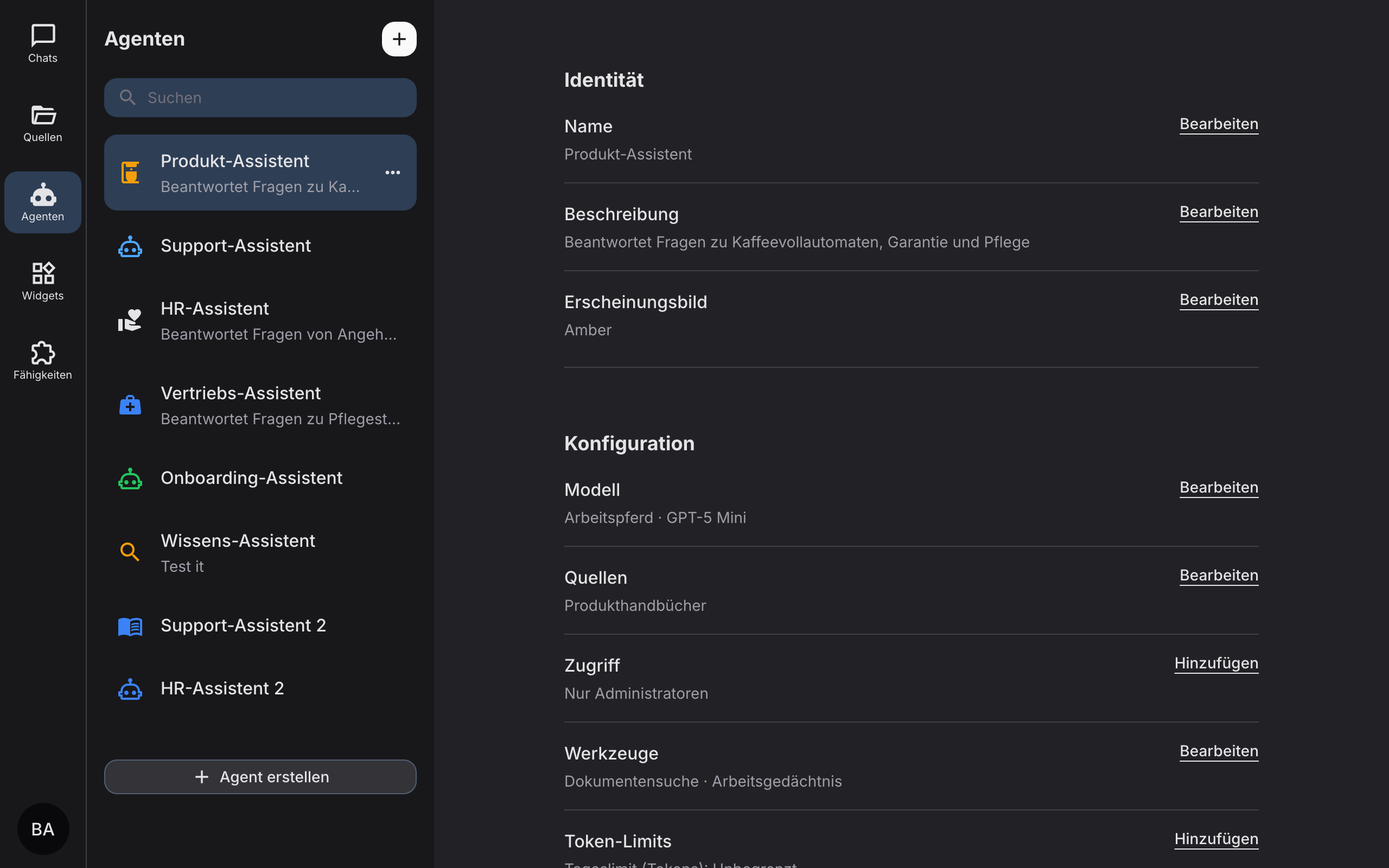 Agent-Detailseite mit Identität