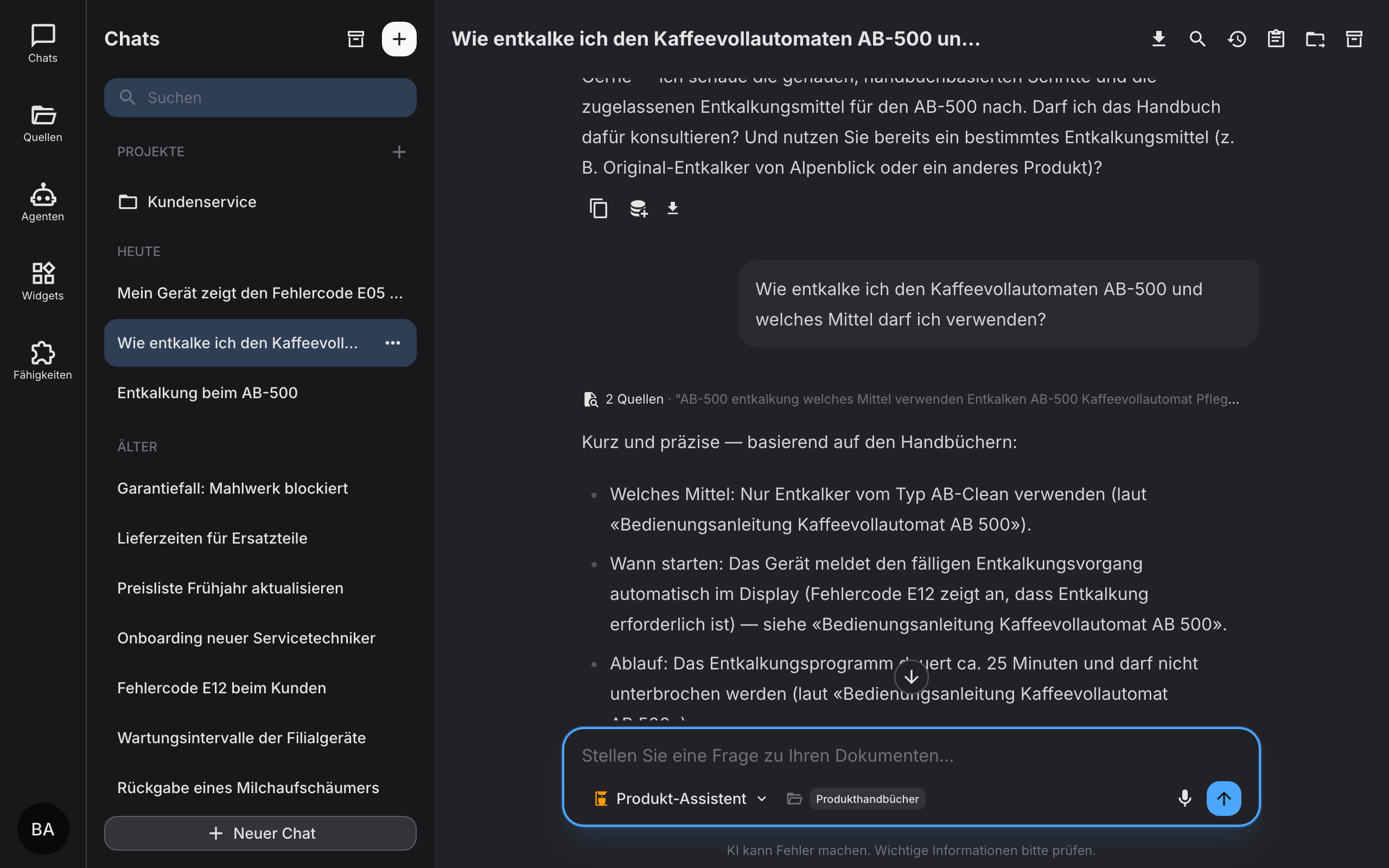 Antwort mit klickbarem Quellen-Hinweis