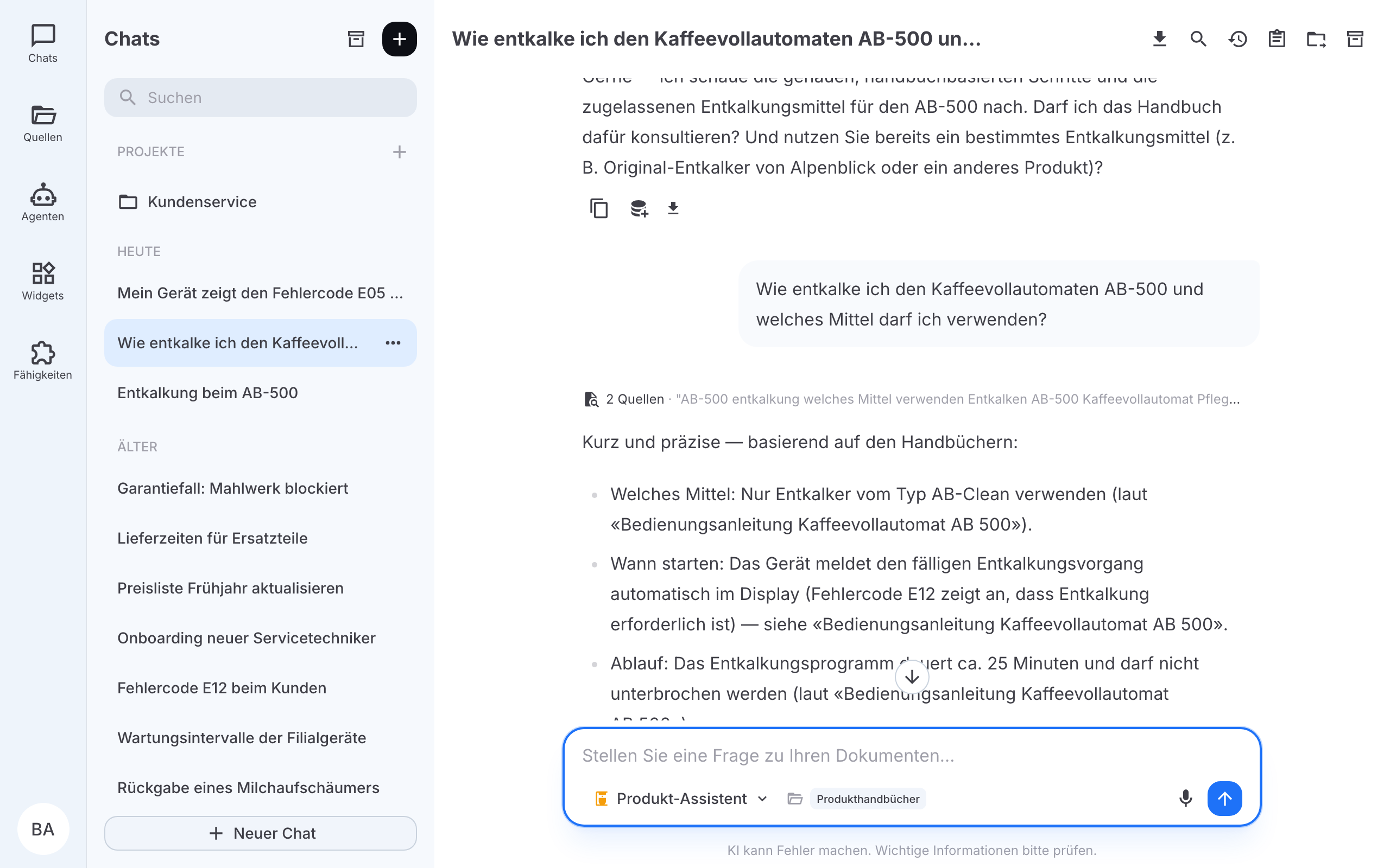 Antwort mit klickbarem Quellen-Hinweis