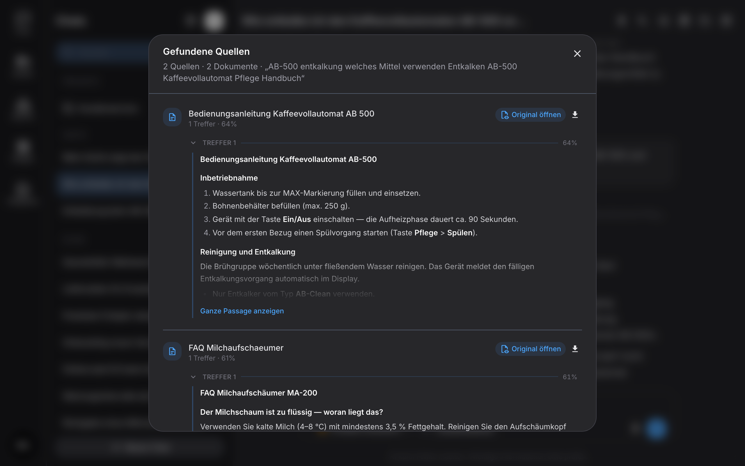 Dialog „Gefundene Quellen“ mit Treffern und Ähnlichkeitswerten