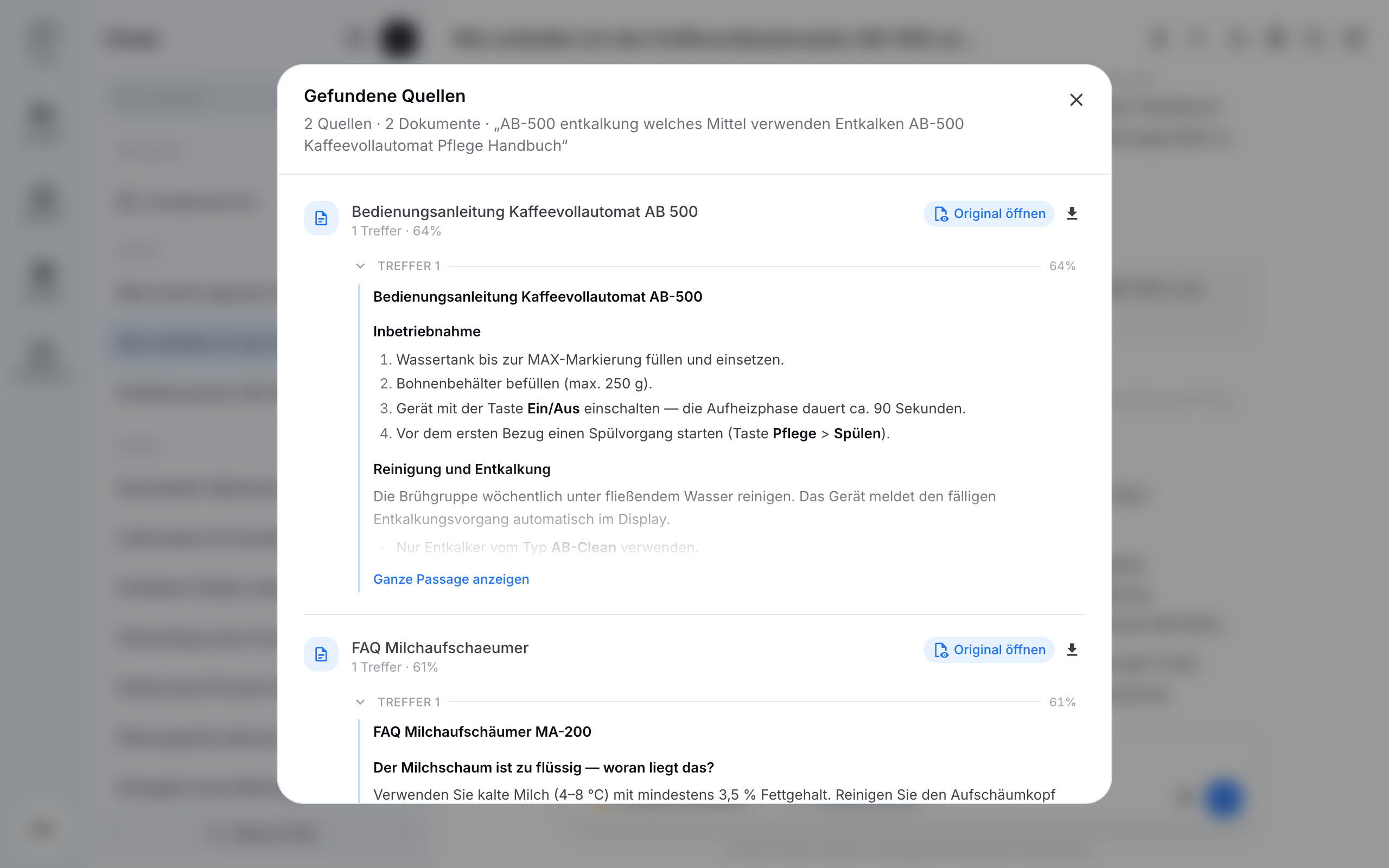 Dialog „Gefundene Quellen“ mit Treffern und Ähnlichkeitswerten