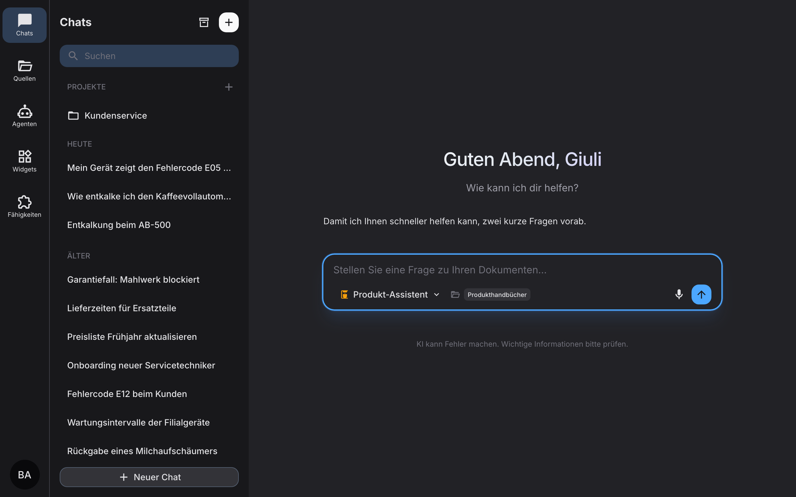 Chat-Bereich mit Navigation und Chat-Liste