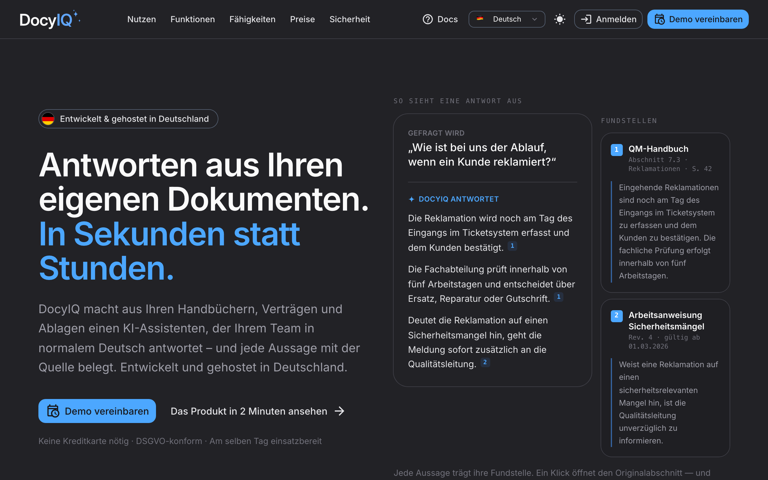 Startseite mit dem Anmelden-Button oben rechts