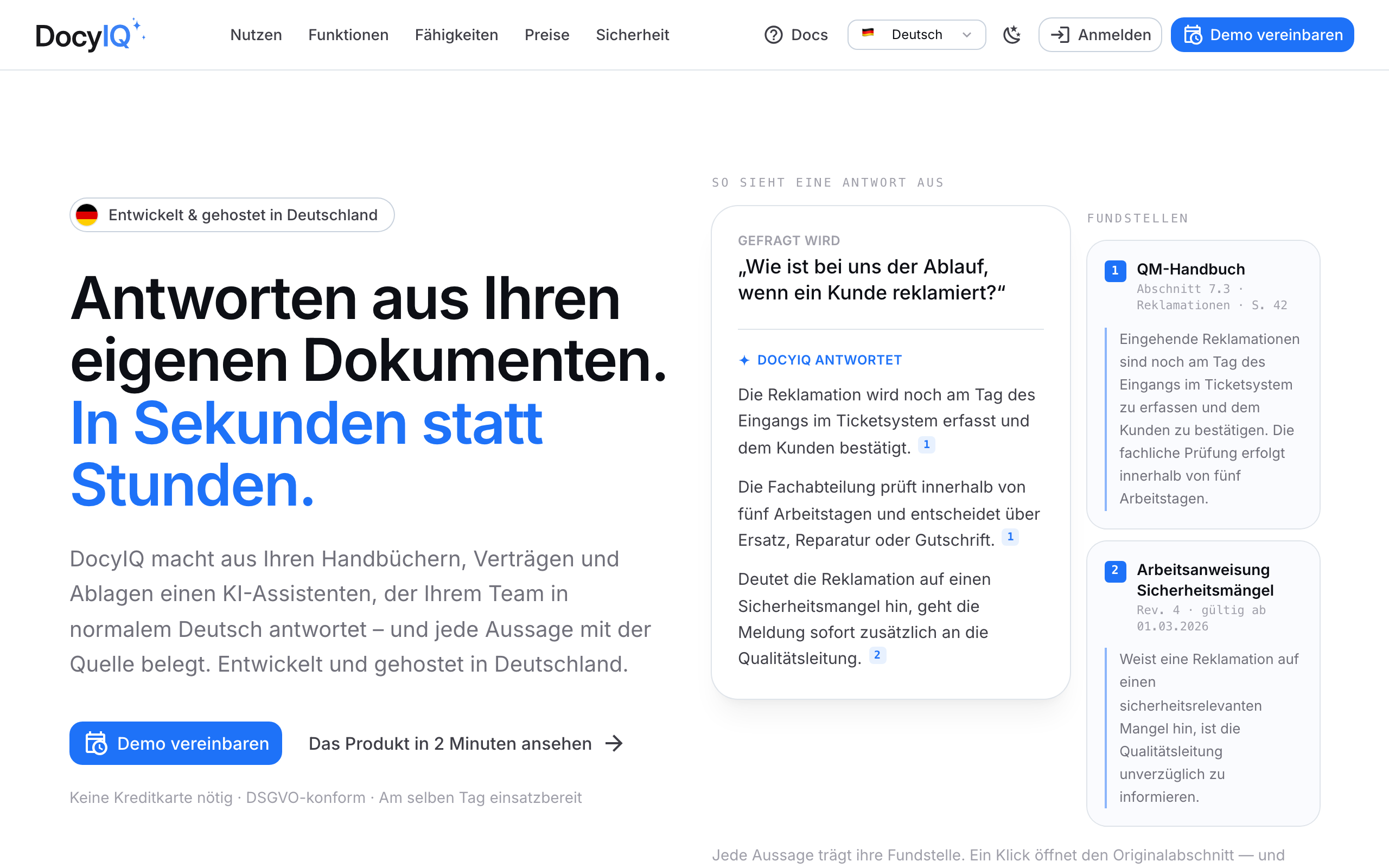 Startseite mit dem Anmelden-Button oben rechts