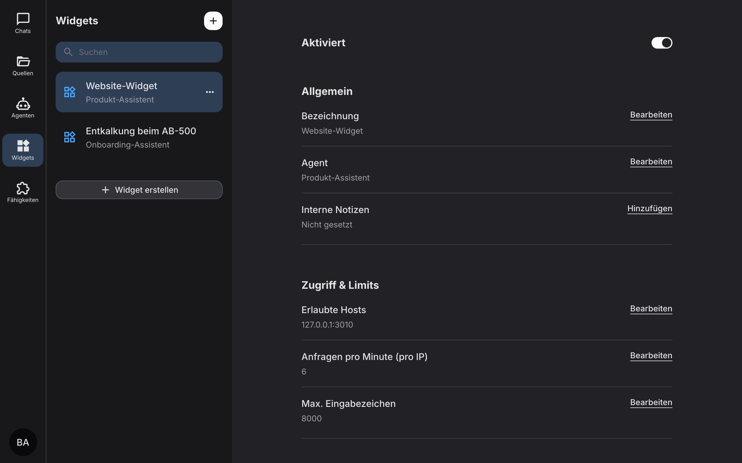 Widget-Detailseite mit Zugriff & Limits