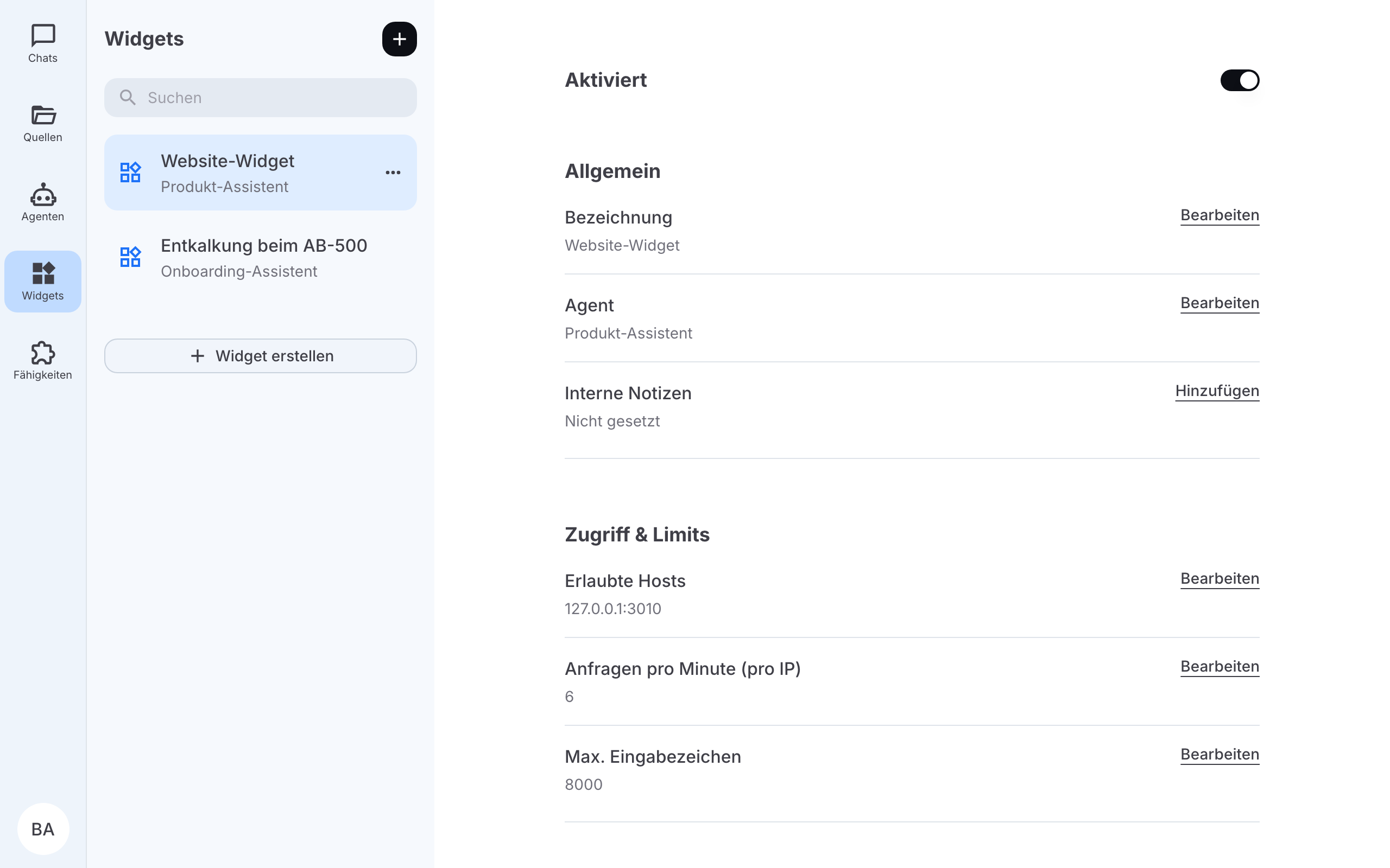 Widget-Detailseite mit Zugriff & Limits